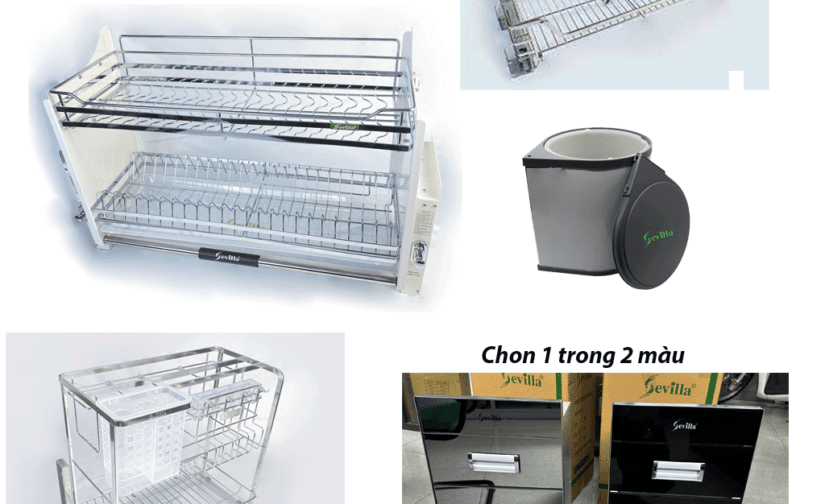 Bộ Combo phụ kiện tủ bếp ( Giá bát nâng hạ, giá dao thớt, giá xoong nồi, thùng gạo, thùng rác)