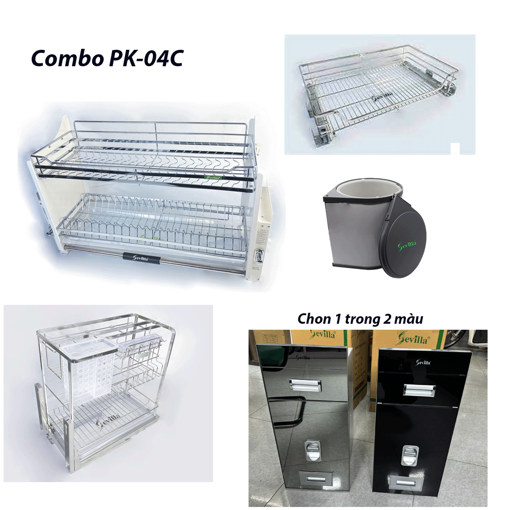 combo-4 Bộ Combo phụ kiện tủ bếp ( Giá bát nâng hạ, giá dao thớt, giá xoong nồi, thùng gạo, thùng rác) - Ảnh 1