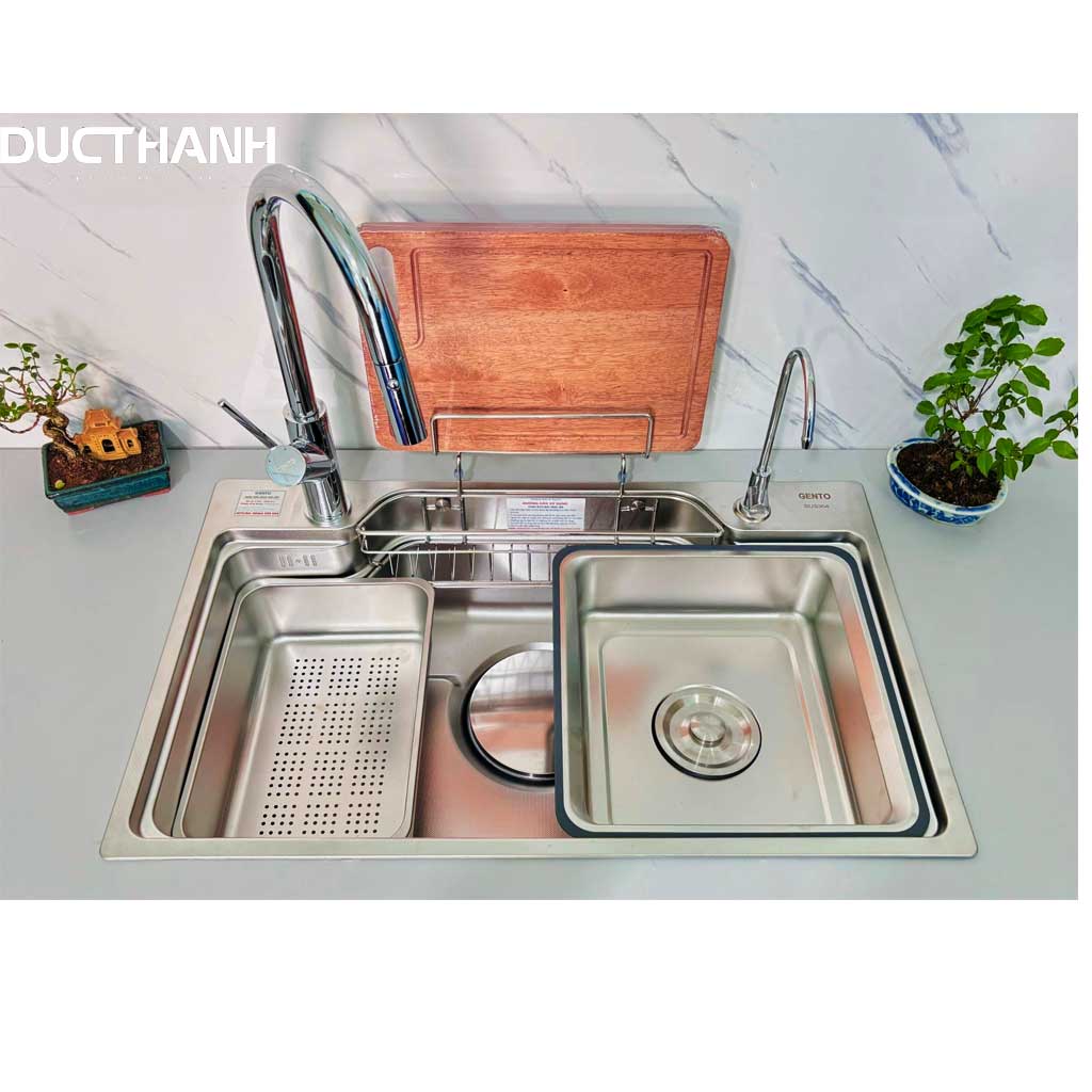 chậu-7848-smart Combo bộ Chậu rửa bát chống xước Gento GT04-7848 Premium ( dày 4 li cạnh vuông)- Vòi rửa bát rút dây - Ảnh 1