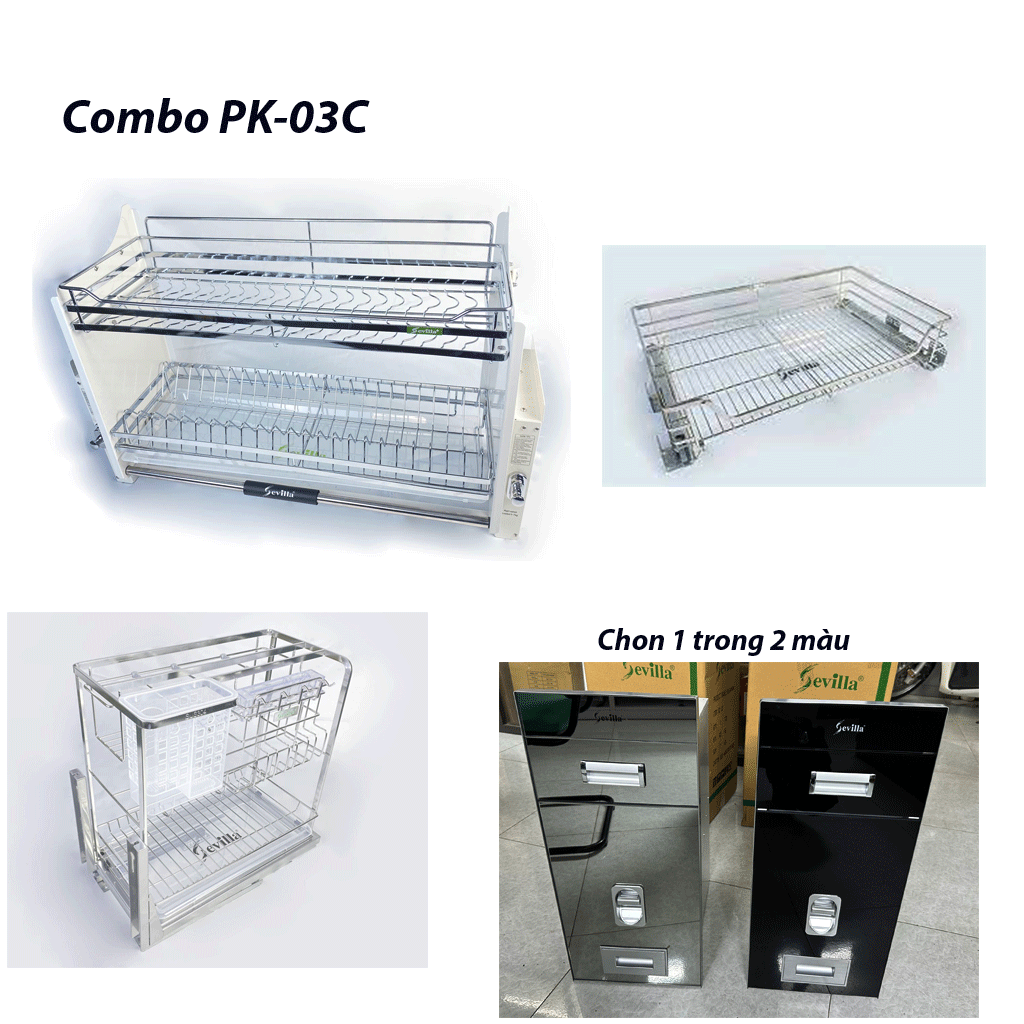 combo-3 Combo PK-03C phụ kiện tủ bếp Inox 304 cao cấp ( Giá bát nâng hạ, giá xoong nồi, giá dao thớt, thùng gạo) - Ảnh 1