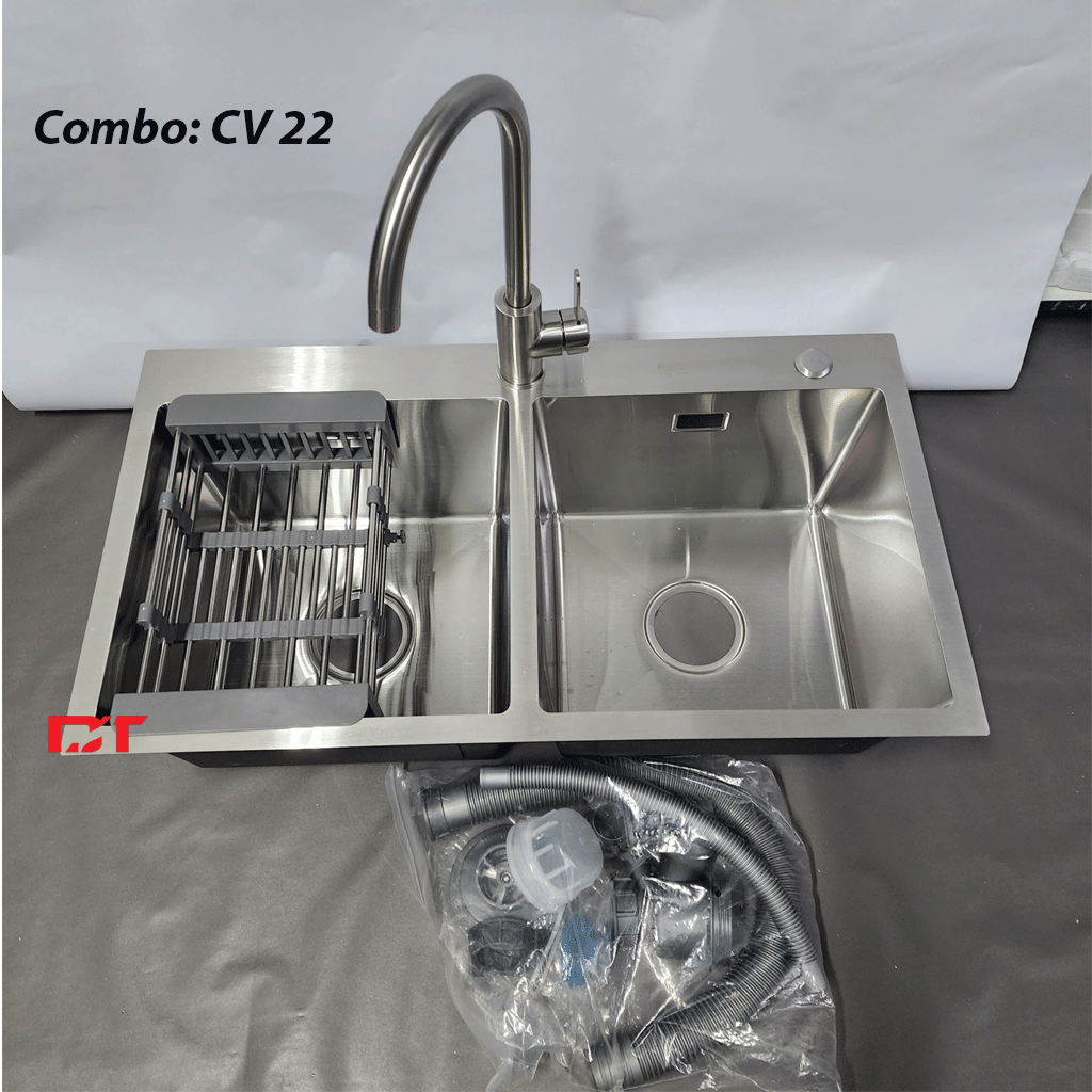 cv22 Combo VC-22: Chậu rửa bát Korea 7843 inox (Chậu đúc), Vòi Roslerer 802, giá úp bát - Ảnh 1