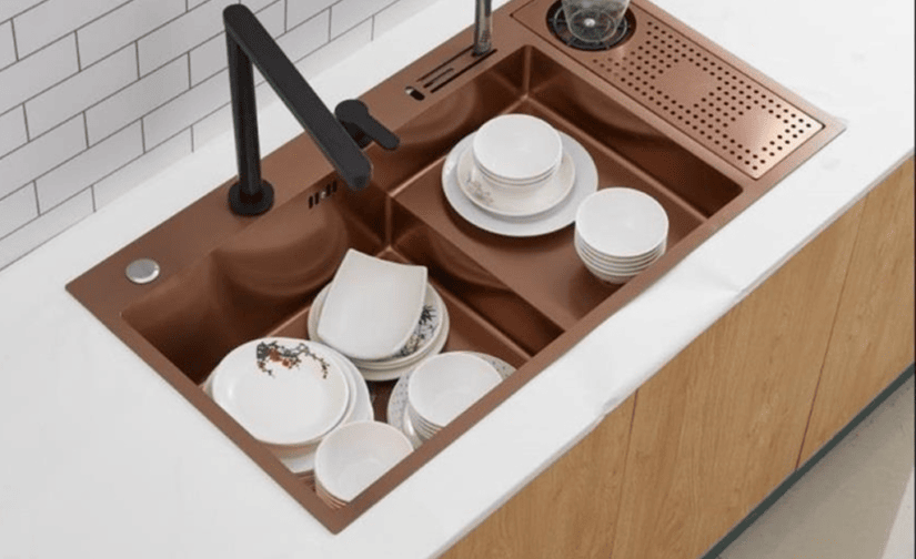 Chậu rửa bát đơn có bàn chờ Kagol K8846 RCV- kèm máy rửa cốc (88 x 46cm)
